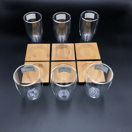 Wilmax Set Of 6 Bamboo Coasters/  Trays With 6 Doublewalled Thermo Glasses To Match WL-555031