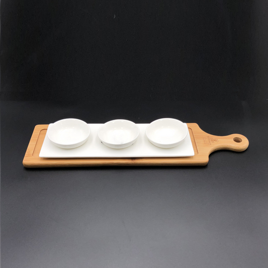 A Mignardises (Petit Four) Serving Set With Bamboo Long Tray And Porcelain Dishes To Match WL-555022