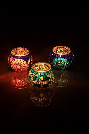 Blue Turquoise Multicolor Mosaic Candleholder Set of 3 - Luxury Turkish Handmade Moroccan Mid Century Candle Holder
