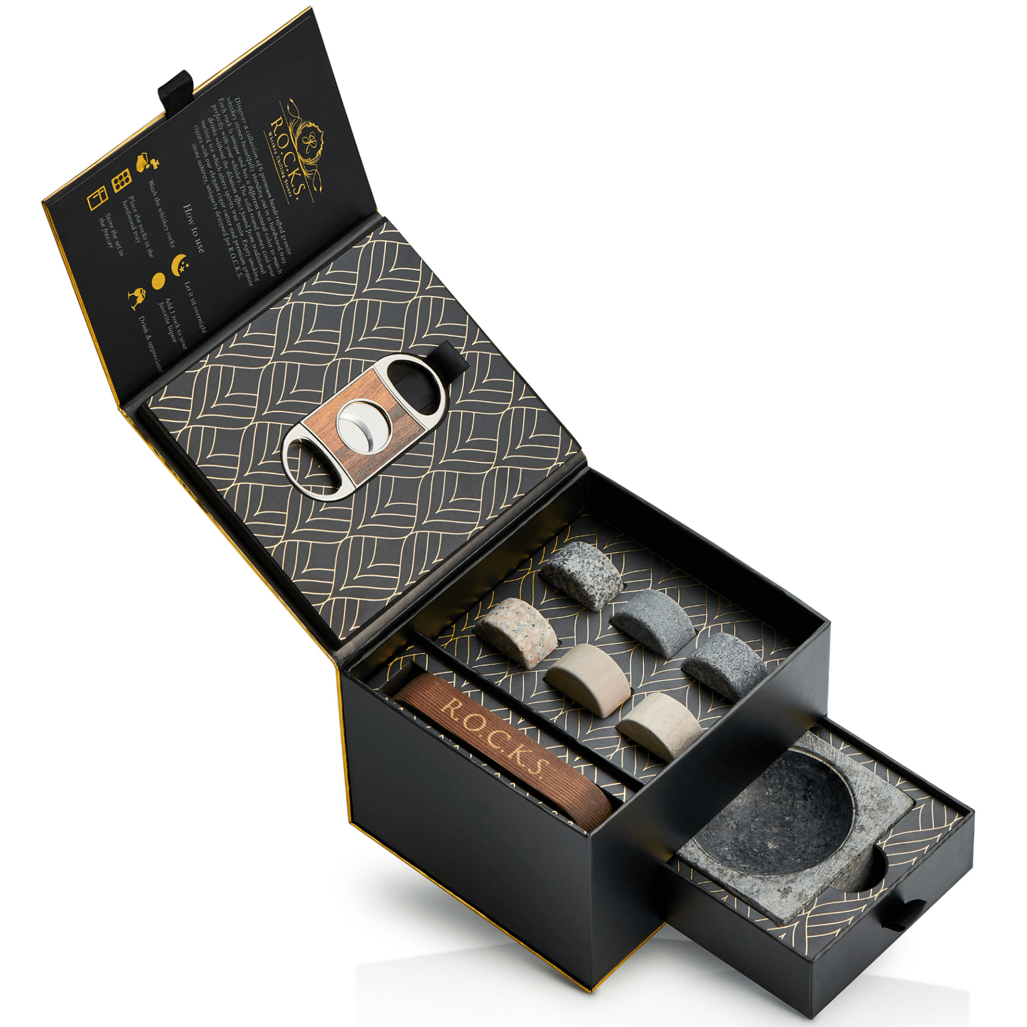 Whiskey Stones Gift Set with Cigar Cutter & Cigar Ashtray