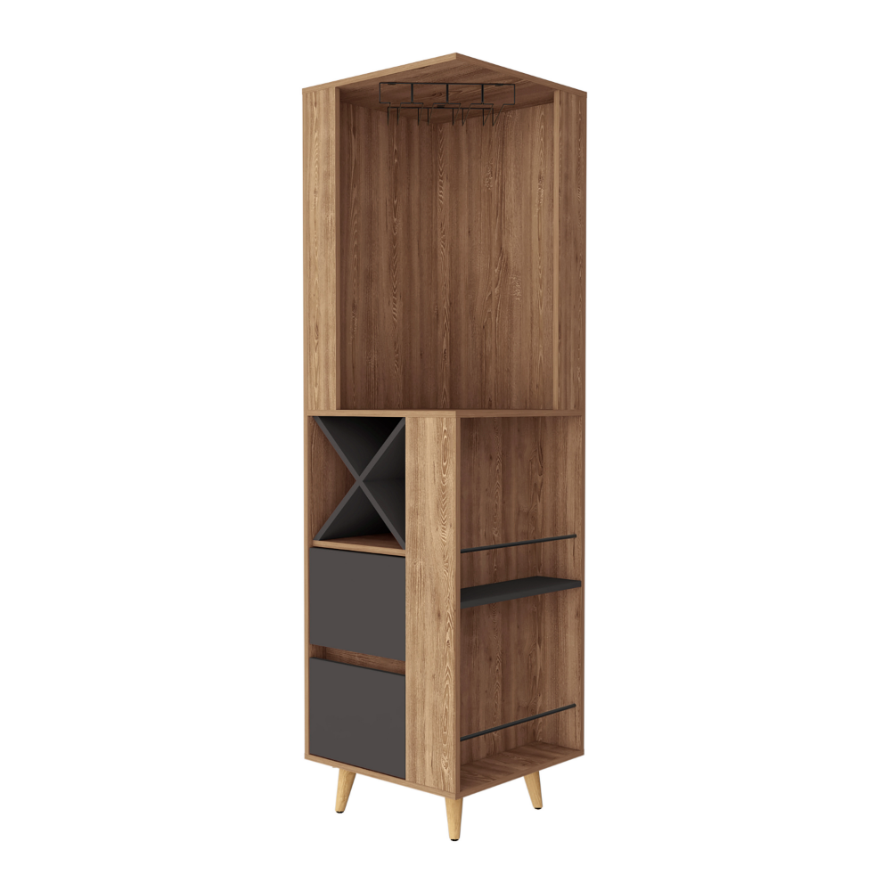 Lisbon Corner Bar Cabinet, Two External Shelves, Two Drawers, Four Wine Compartments