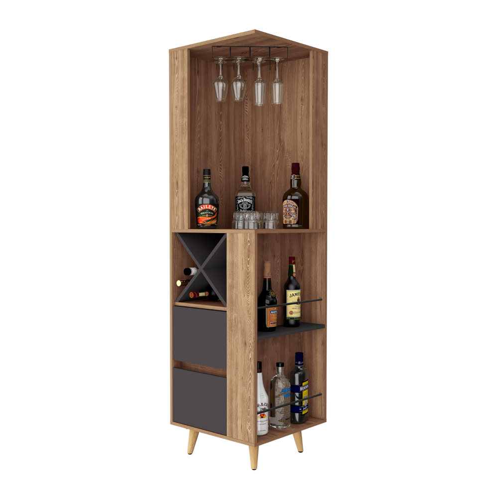 Lisbon Corner Bar Cabinet, Two External Shelves, Two Drawers, Four Wine Compartments