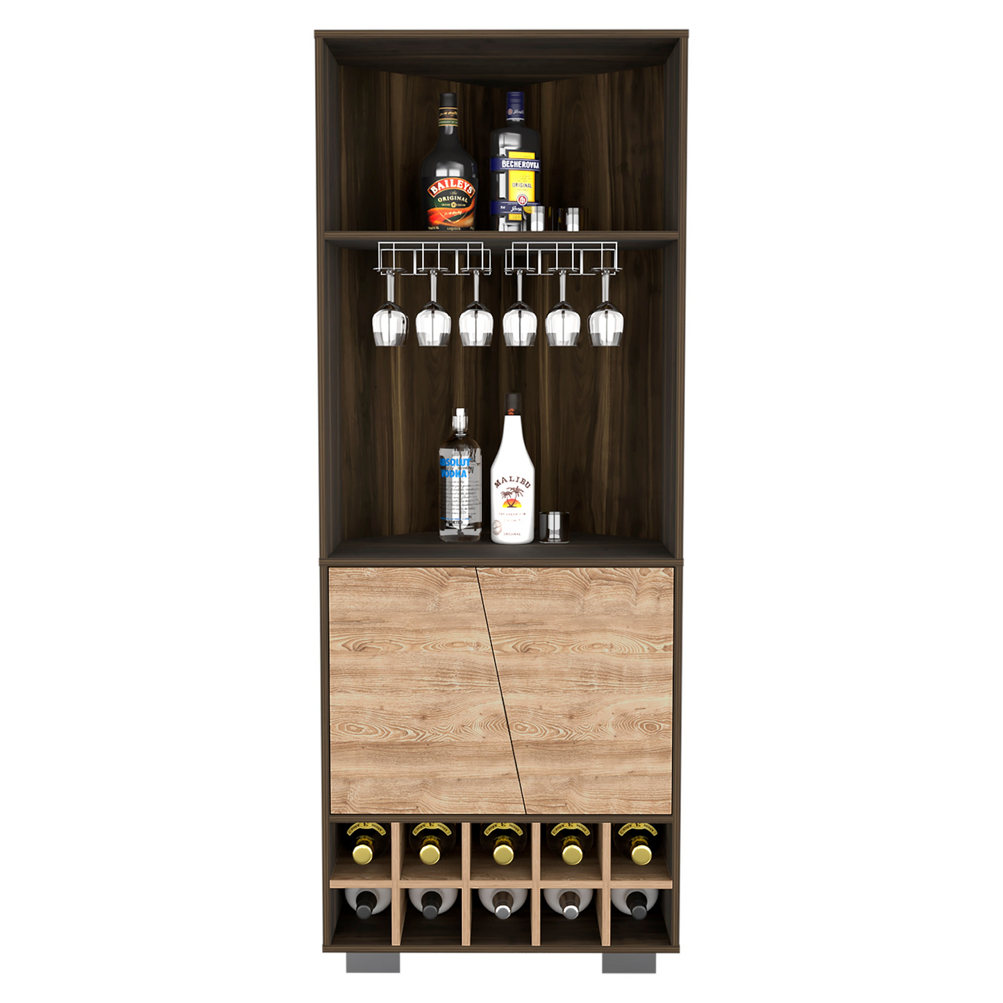 Nassau Corner Bar Double Door Cabinet, Ten Wine Cubbies, Two Shelves, One Interior Shelf