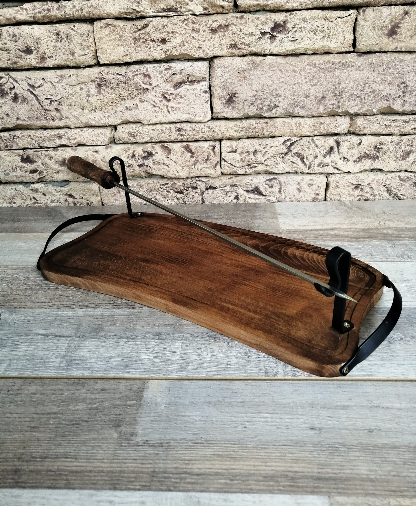 Wooden Tray with Handles for Barbecue, Iron Skewer with Wood Grip, Top Gift for Dad