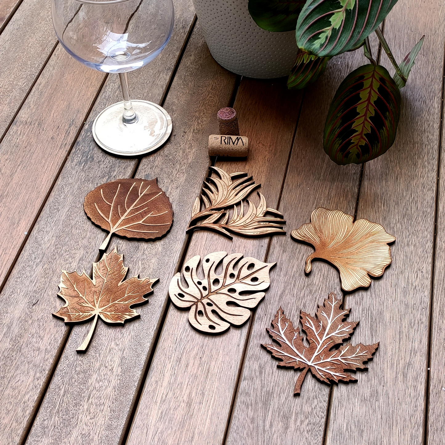 Set of 6 Nature Wood Coasters - Housewarming Gift - Leaves Cup Holders