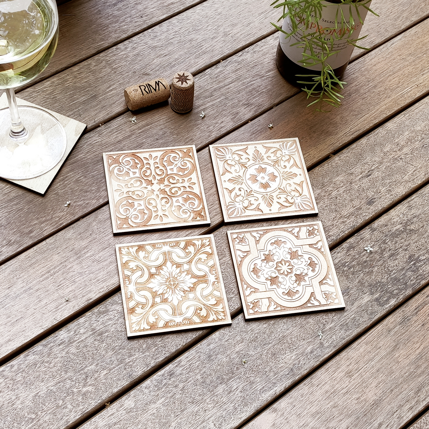 Set of 4 Portuguese Tiles Wood Coasters - Minimalism - Modern Coasters - Cup Holders