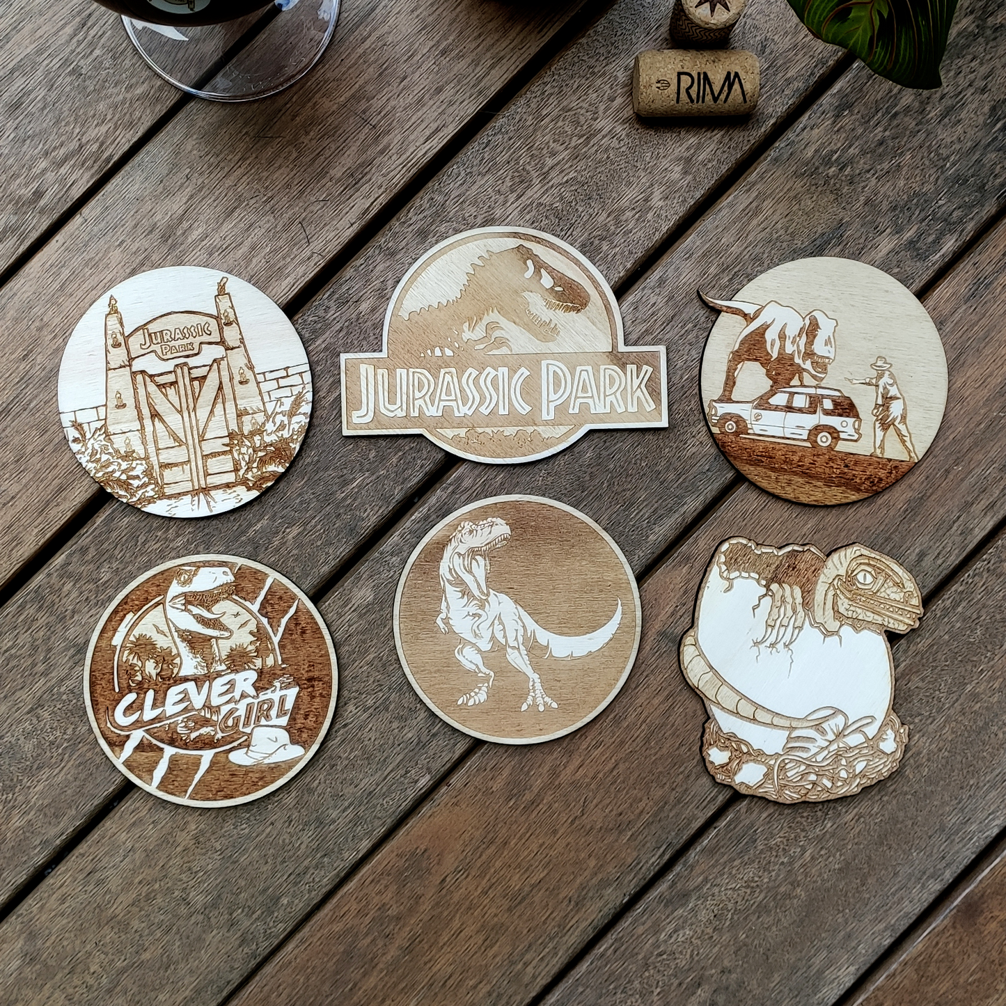 Set of 6 Jurassic Park Wood Coasters - Housewarming Gift - Dinousaurs