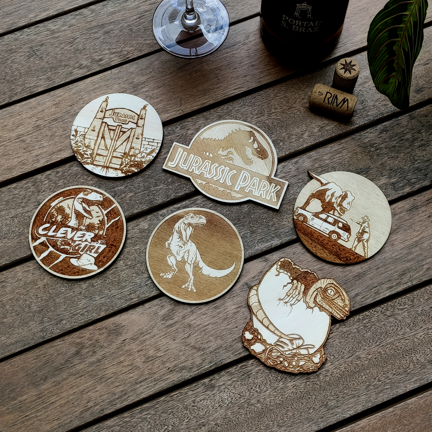 Set of 6 Jurassic Park Wood Coasters - Housewarming Gift - Dinousaurs