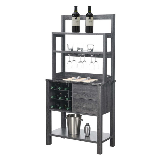 Newport 2 Drawer Serving Bar with Wine Rack and Shelves, Black Faux Marble/Weathered Gy