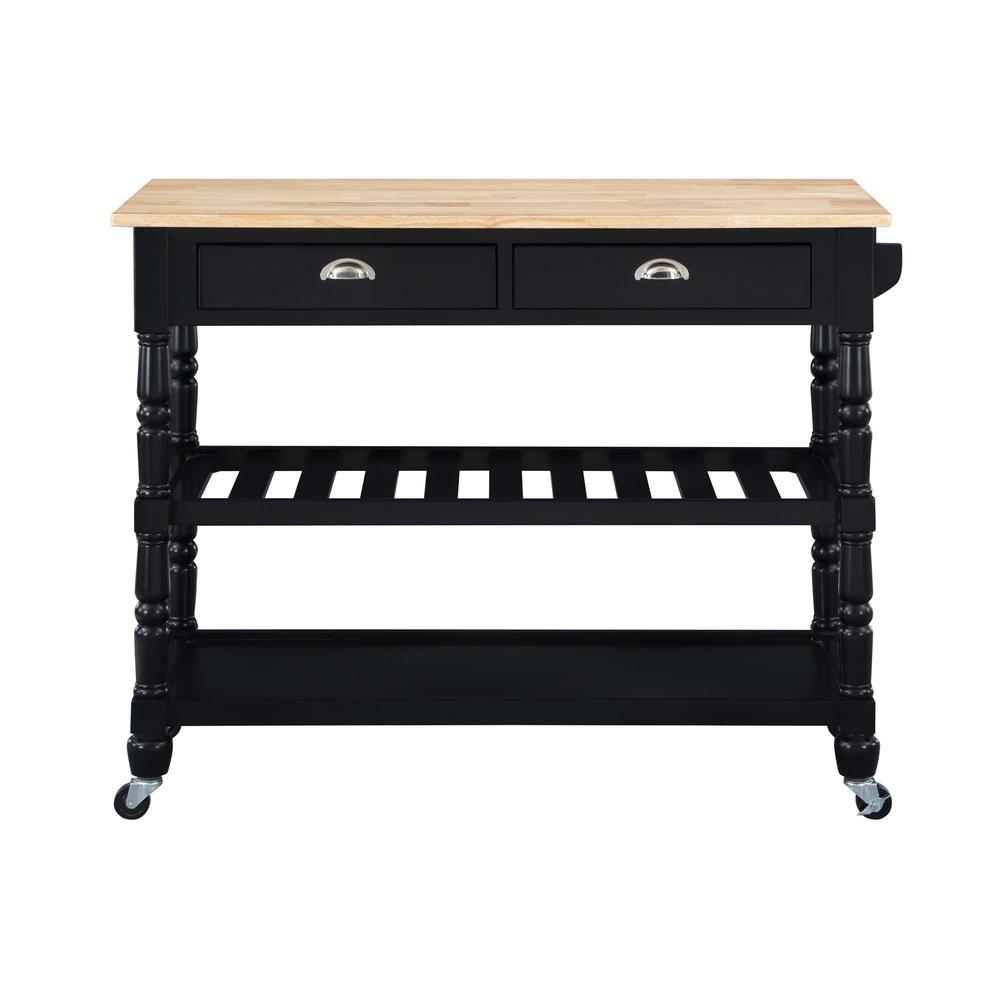 French Country 3 Tier Butcher Block Kitchen Cart with Drawers, Butcher Block/Black
