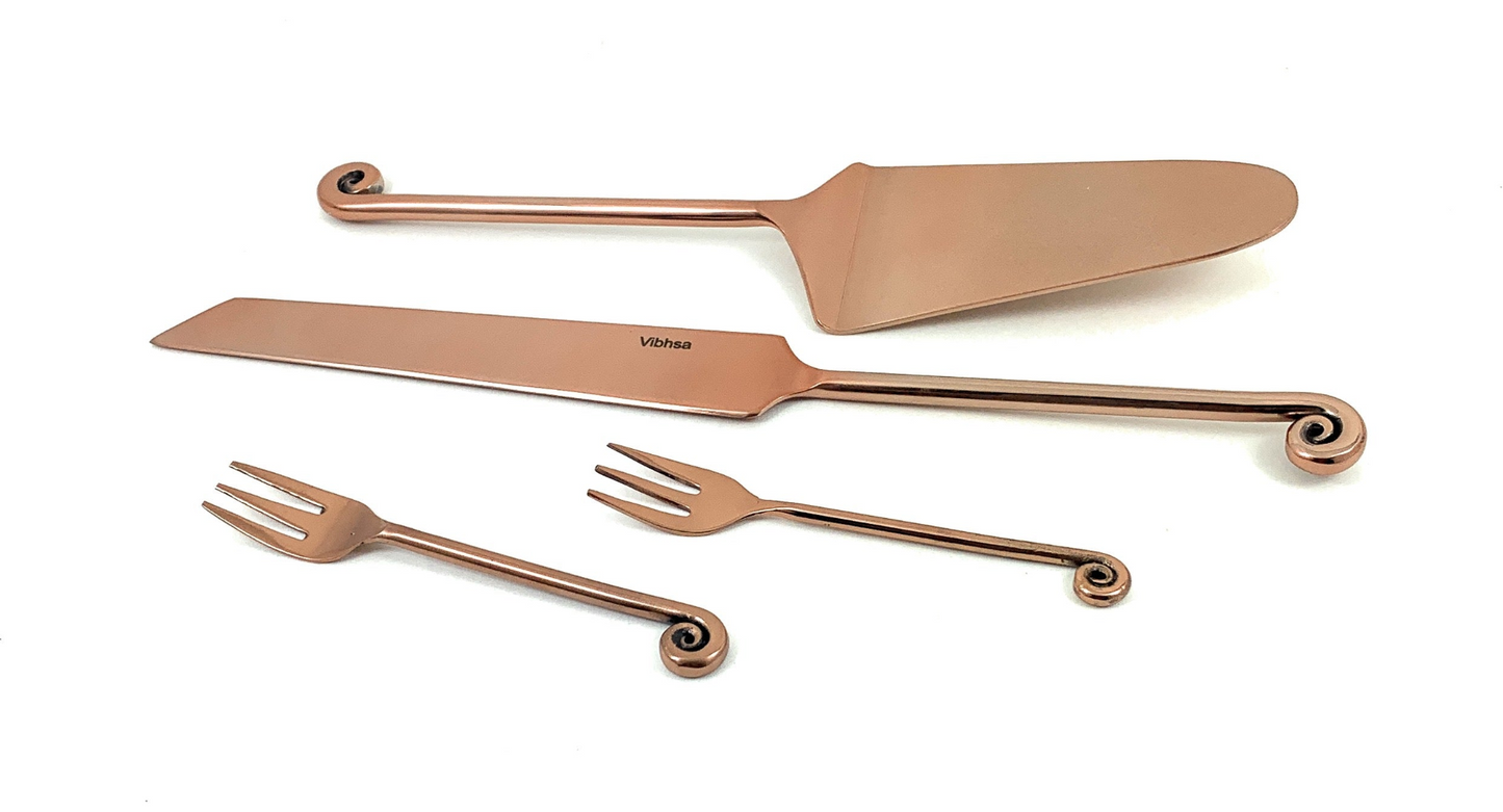 Cake Cutting Serving Set with Forks (Copper Finish, Circle Design)