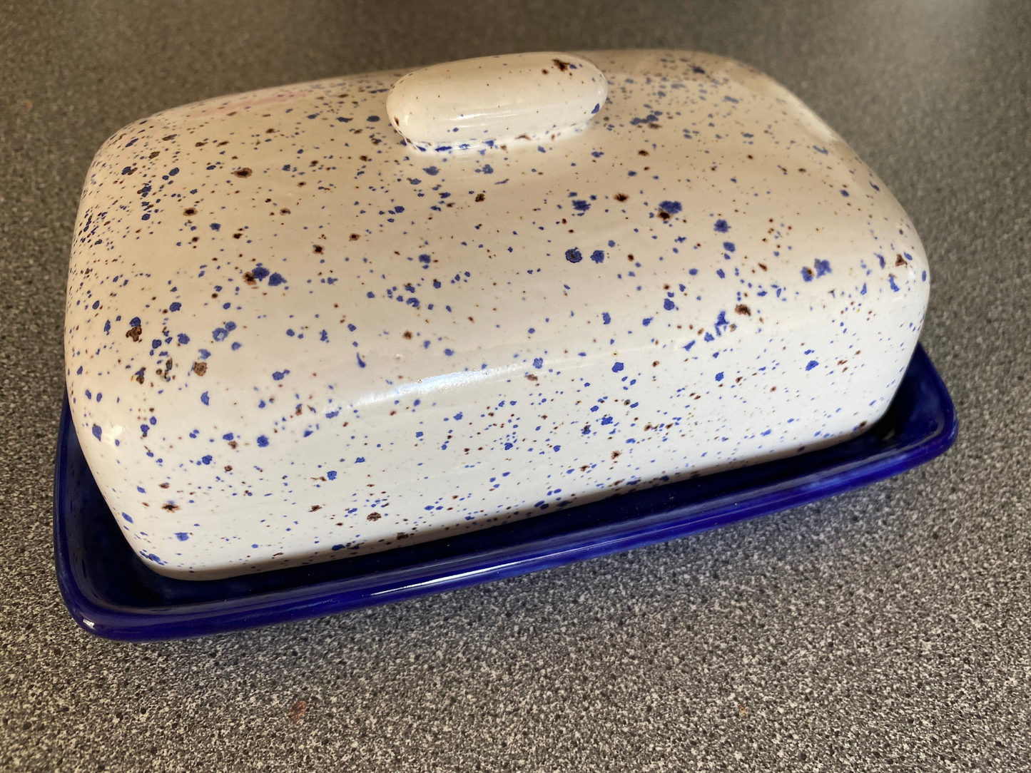 Butter Dish Speckled Blue and White