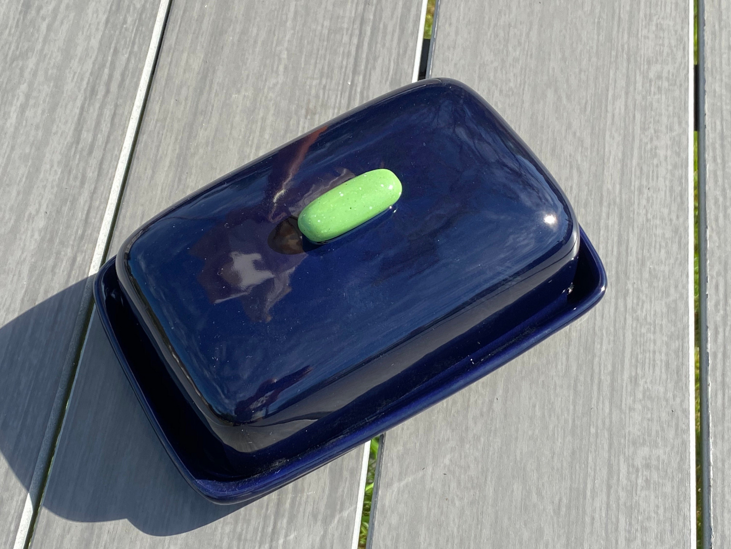 Butter Dish Dark Blue with Green Handle