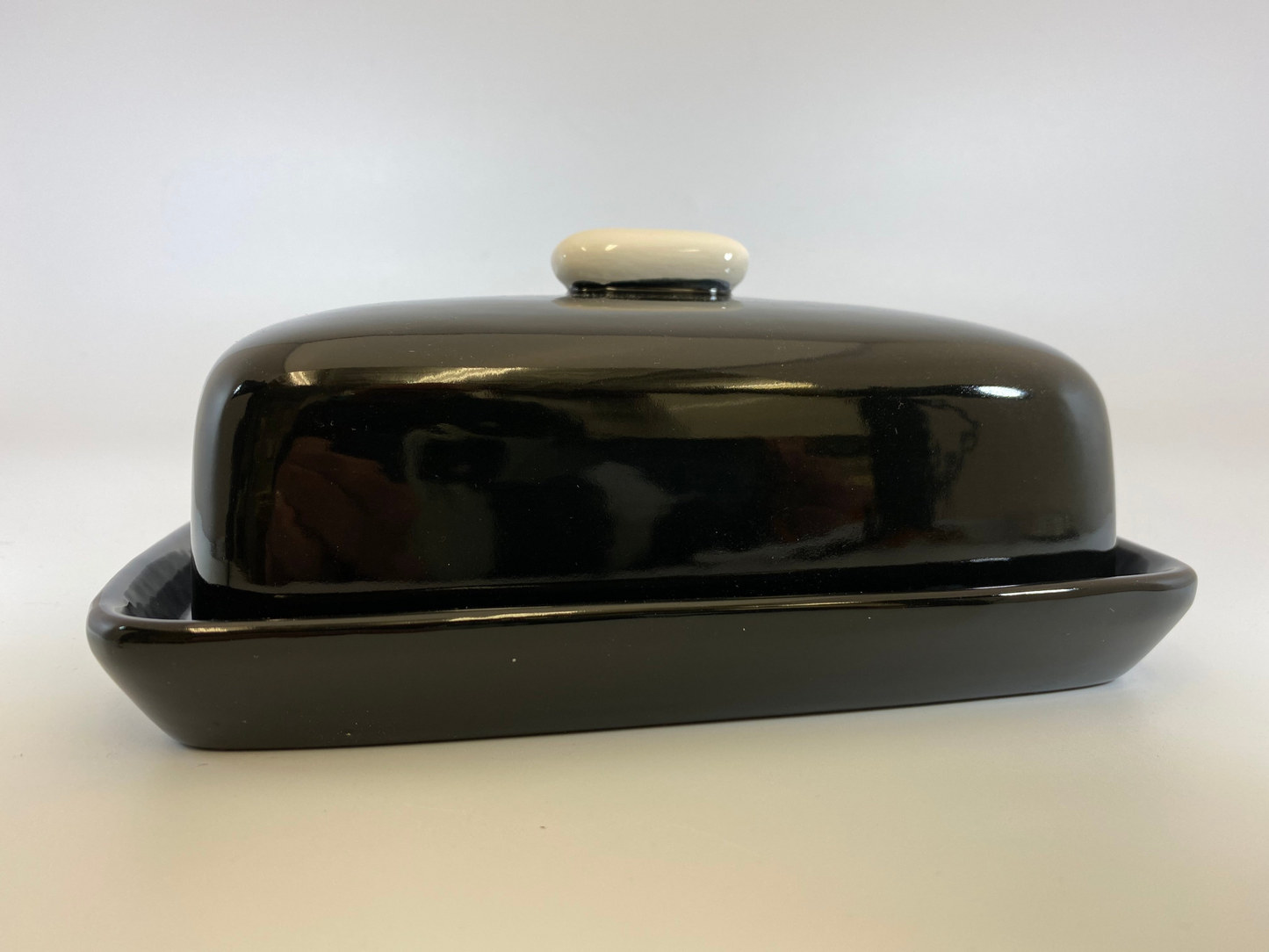 Butter Dish Jet Black Glaze with White Handle