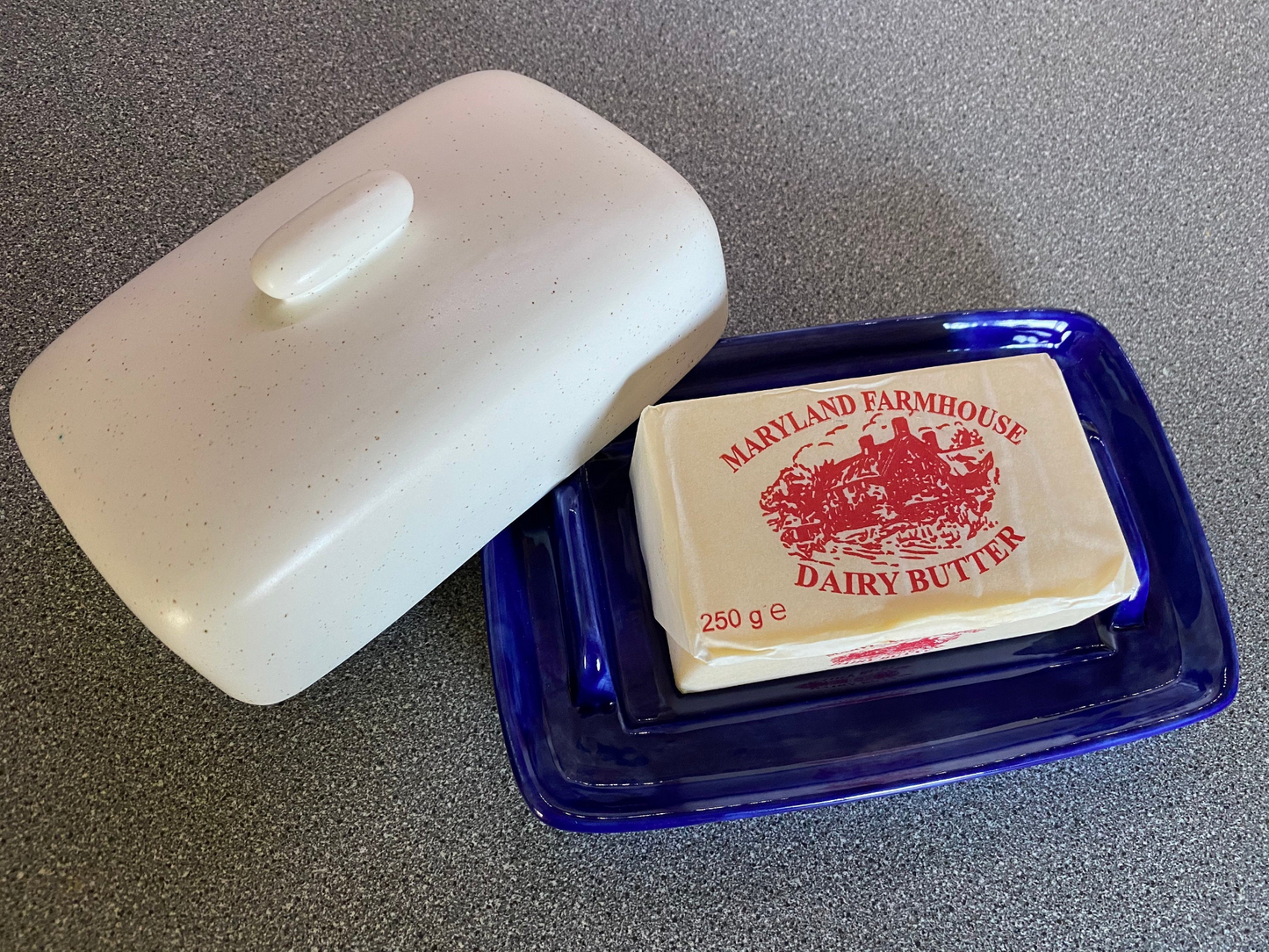 Butter Dish with Lid Speckled White Glaze