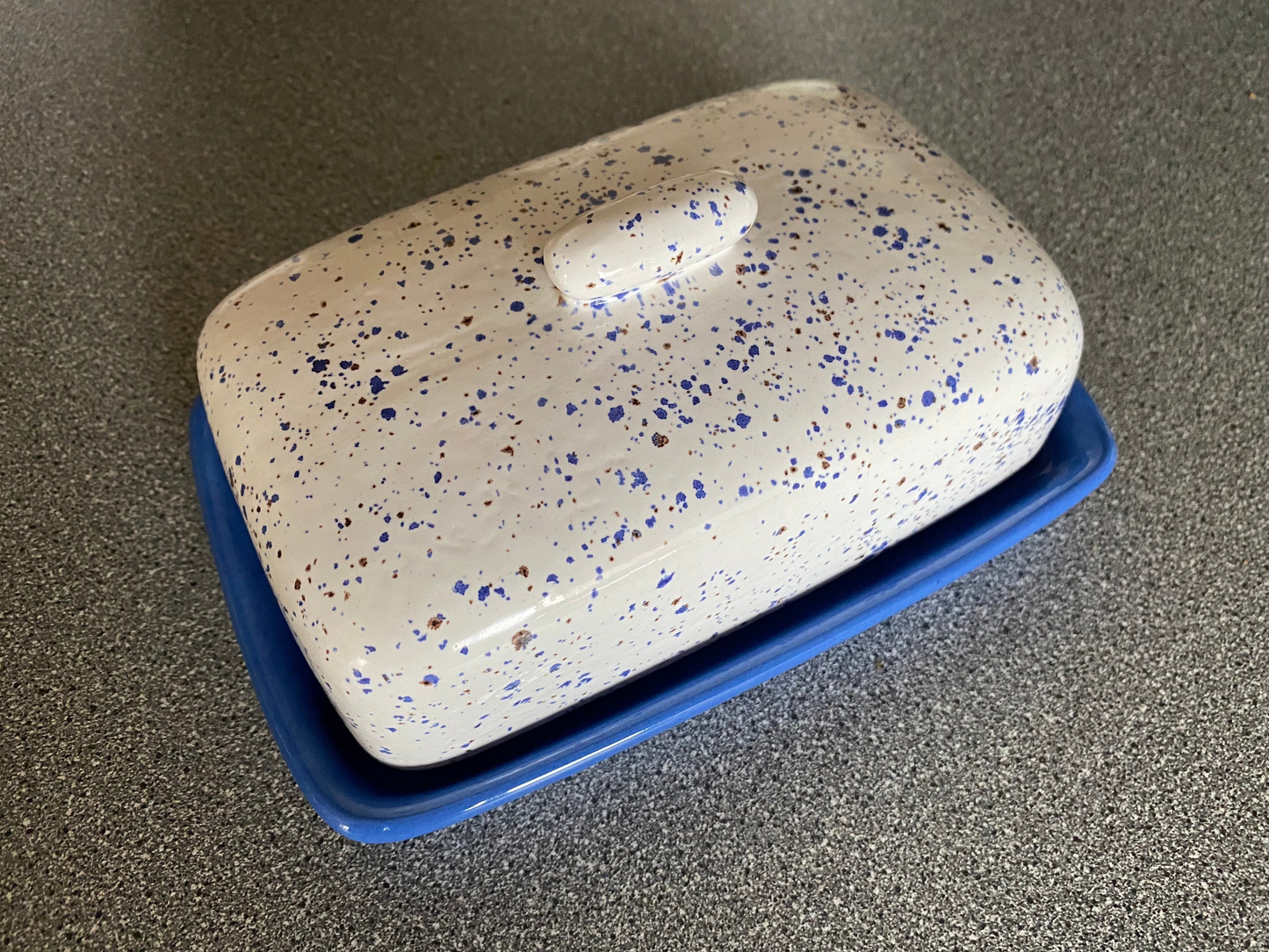 Butter Dish, Speckled Blue with Air Force Blue Dish