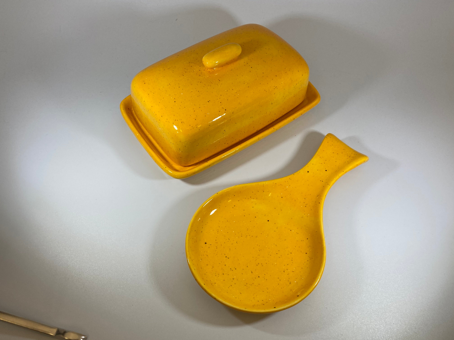 Speckled Yellow Butter Dish and Spoon Rest Set
