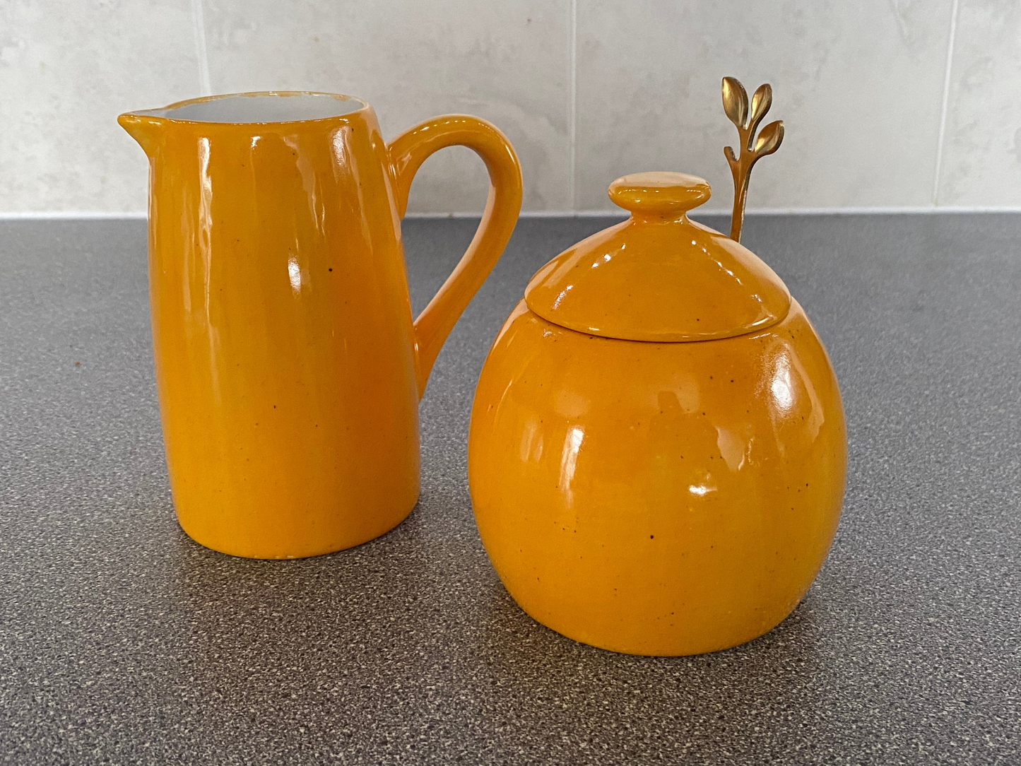 Butter Dish, Sugar Bowl and Milk Jug Set - Speckled Yellow