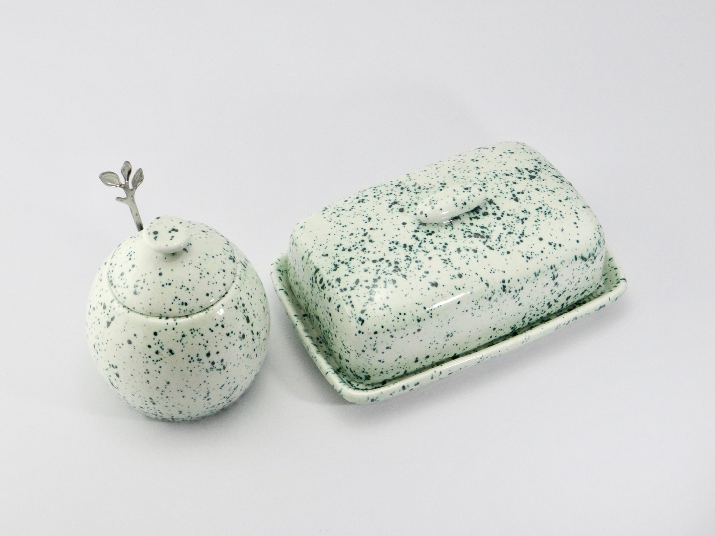 Butter Dish and Sugar Bowl Set Speckled Green