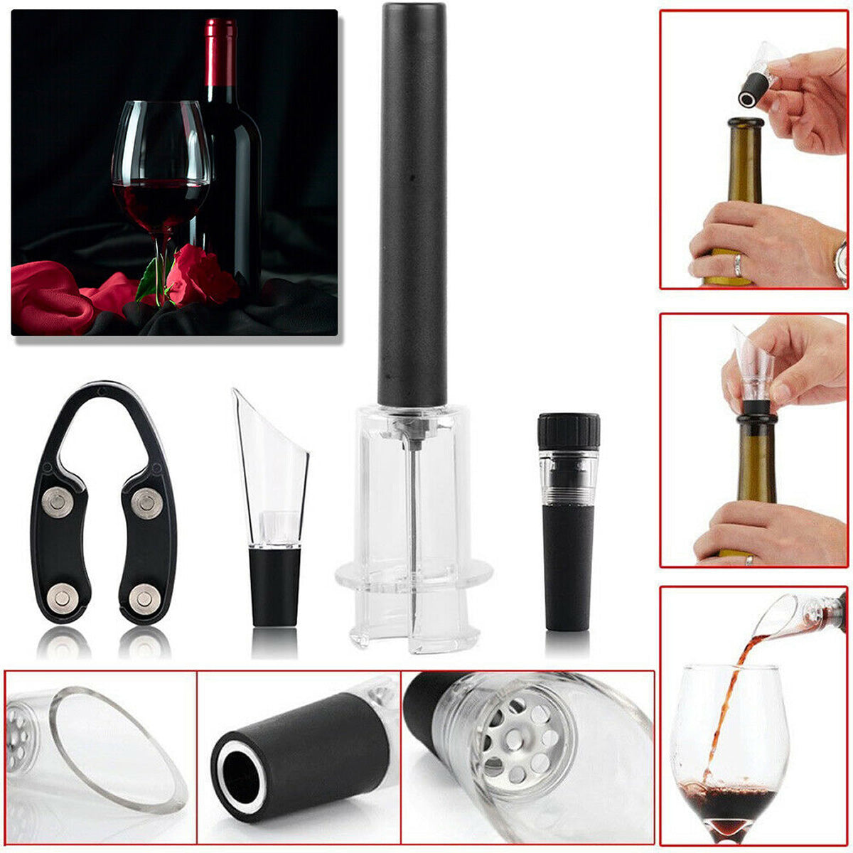 Pour And Preserve Set of 4 Foil Cutter Air Wine Opener Aerator And Wine Stopper