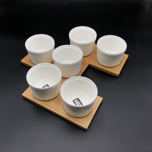 Wilmax A Set Of 3 Bamboo Double Trays With 6 Fine Porcealin Ramekins To Match WL-555032