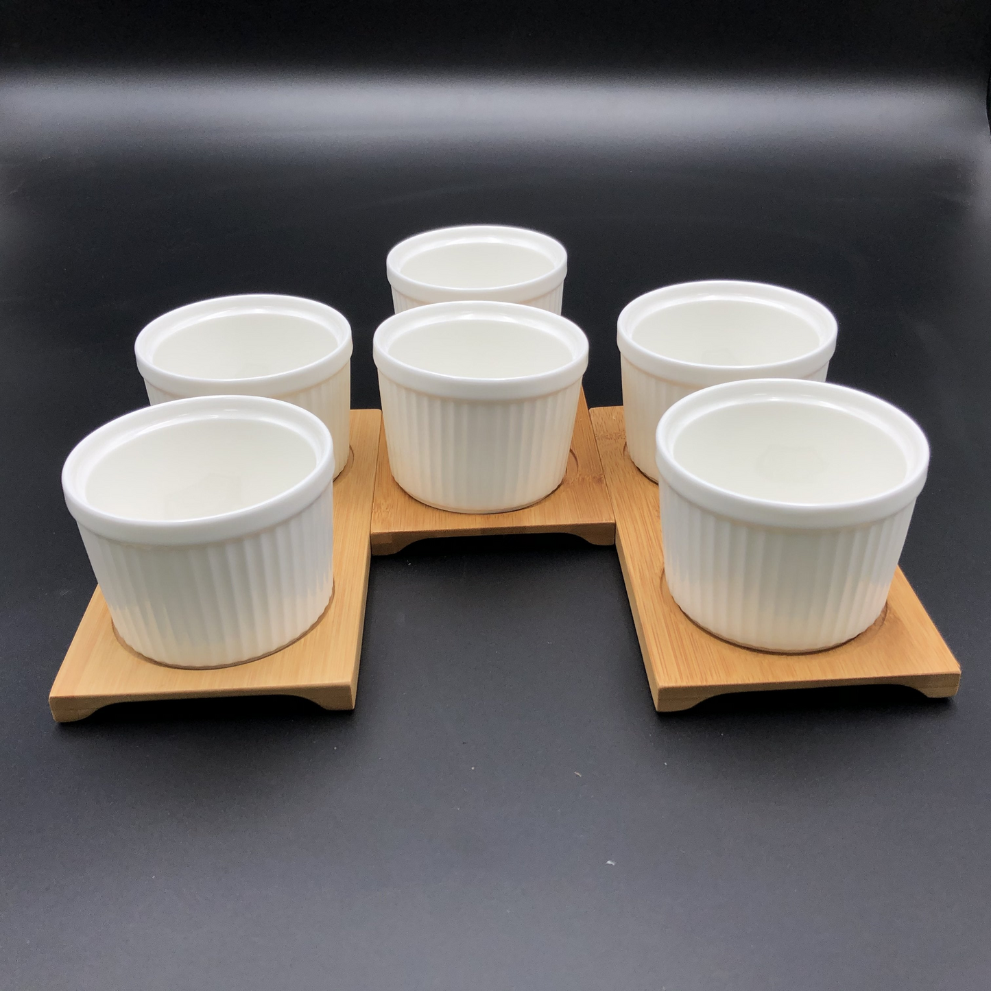 Wilmax A Set Of 3 Bamboo Double Trays With 6 Fine Porcealin Ramekins To Match WL-555032