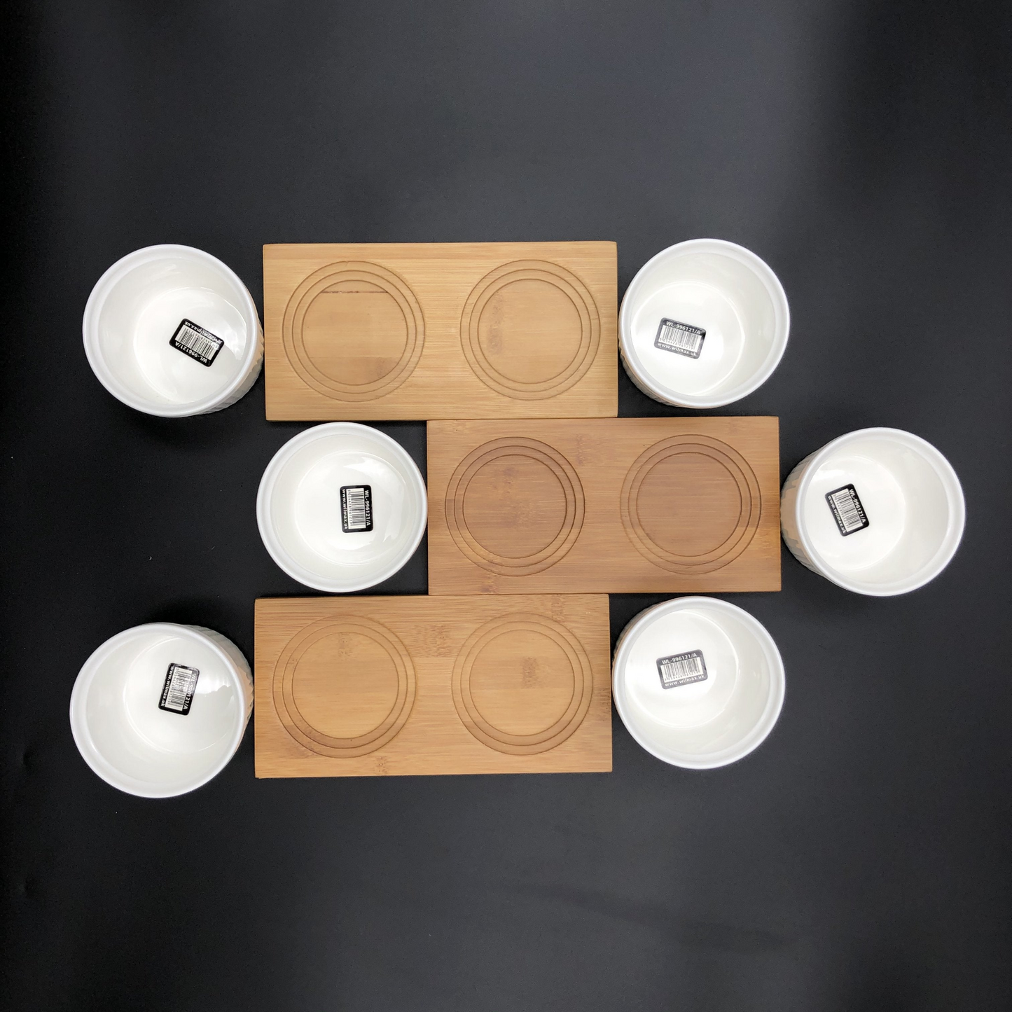 Wilmax A Set Of 3 Bamboo Double Trays With 6 Fine Porcealin Ramekins To Match WL-555032