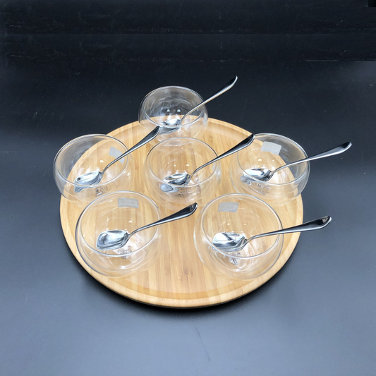 Ice-Cream Presentation Set With 6 Large Thermo Bowls And Spoons And Round Bamboo Platter WL-555020