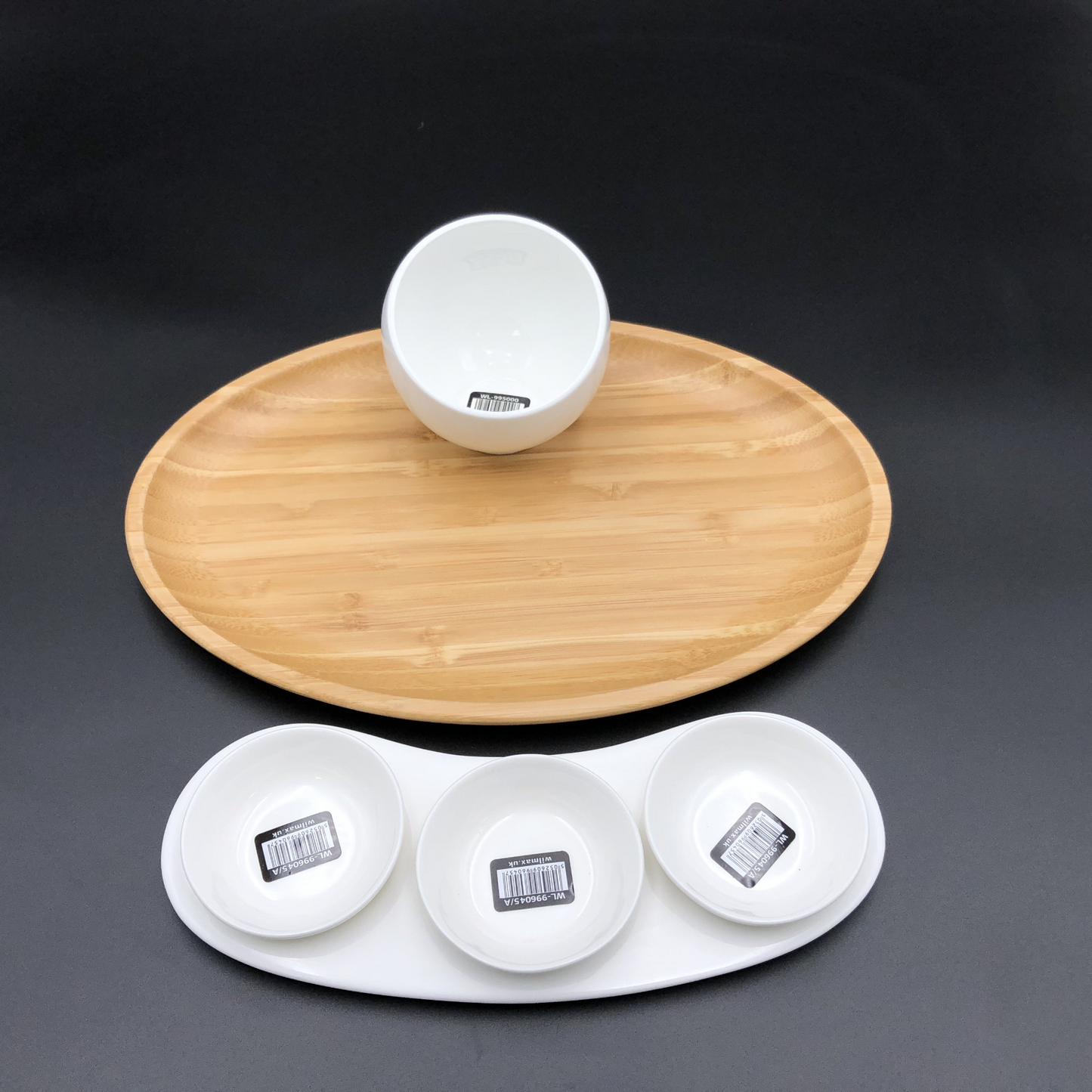 Wilmax Mignardises (Petit Four) Serving Set With Bamboo Oval Tray And Porcelain Dishes To Match WL-555023
