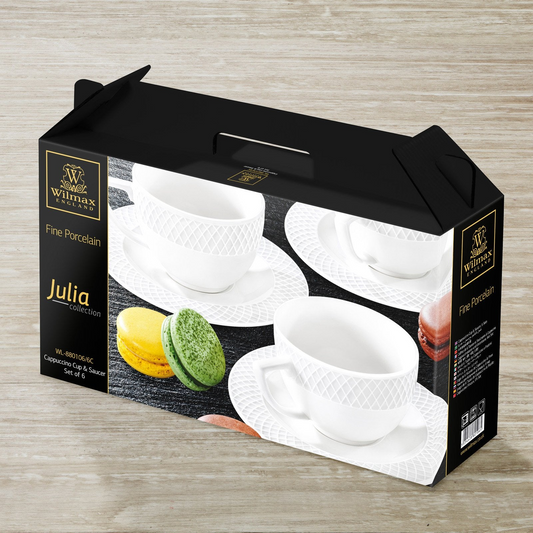Wilmax [A] Fine Porcelain 6 Oz | 170 Ml Cappuccino Cup & 5.5" Saucer Set Of 6 In Gift Box WL-880106/6C