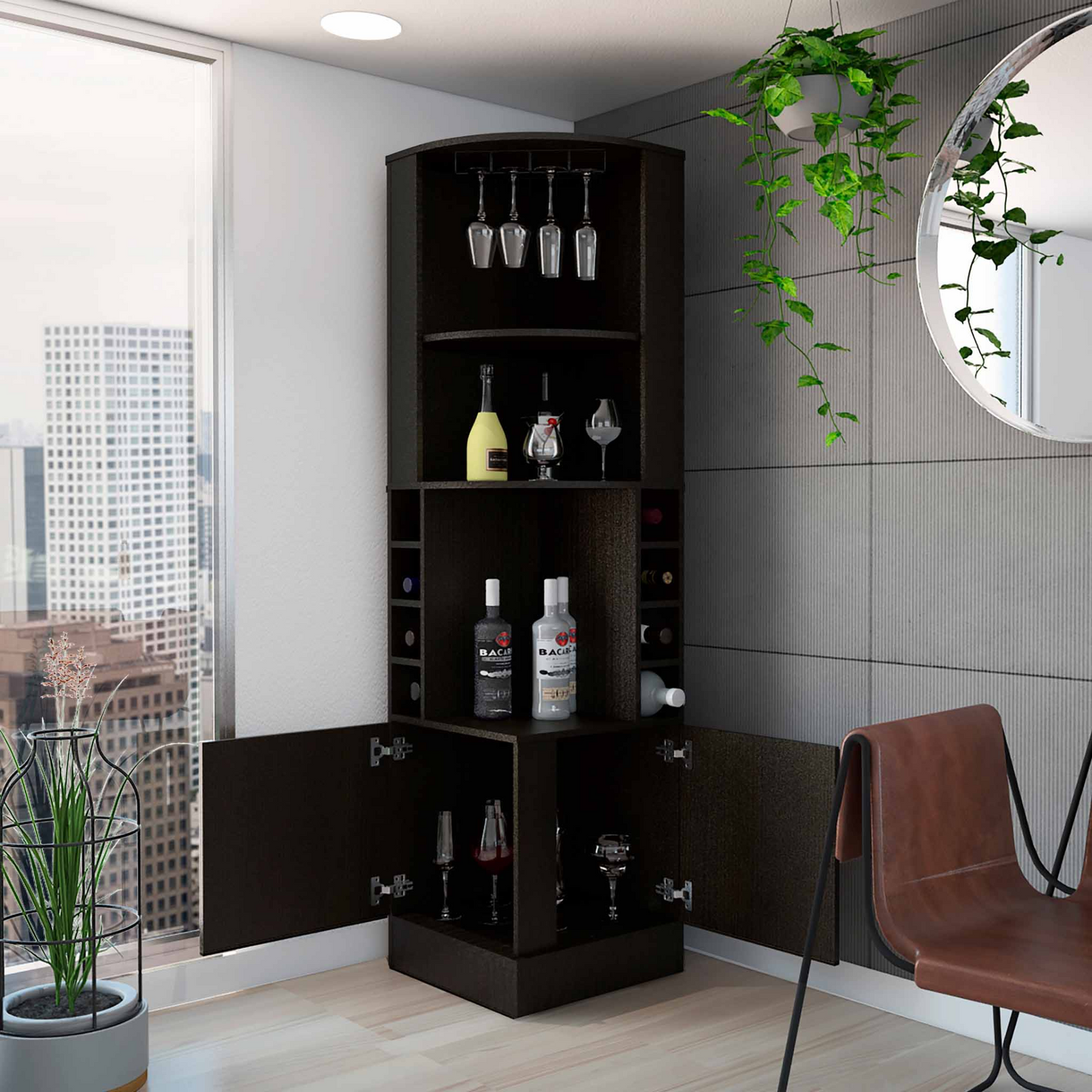 Egina Corner Bar Cabinet, Two External Shelves
